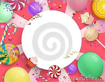 Pink round festive background with colorful sweets. Vector Illustration