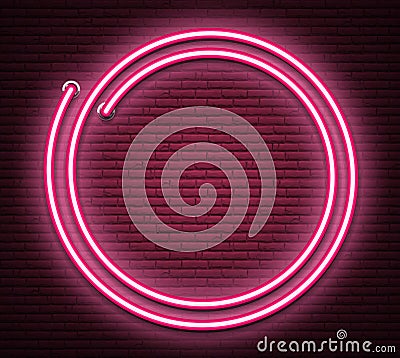 Pink round neon luminous signboard on realistic bricklaying wall Vector Illustration