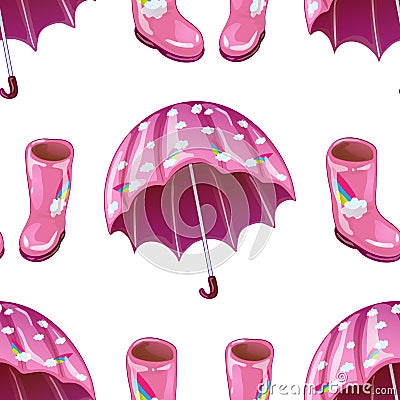 Pink rubber boots and umbrella in a vector style isolated. Vector Illustration