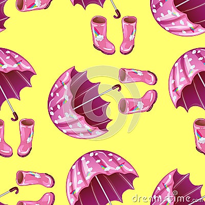 Pink rubber boots and umbrella in a vector style isolated. Vector Illustration