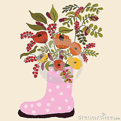 Pink rubber boots with white polka dots Cartoon Illustration