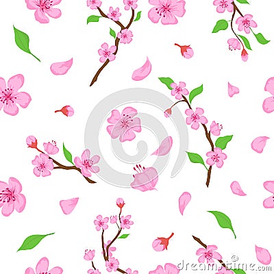 Pink sakura blossom flowers, petals and branches seamless pattern. Japanese spring cherry blooming print. Romantic Vector Illustration