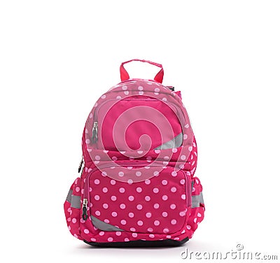 Pink school backpack with white dots isolated on white Stock Photo