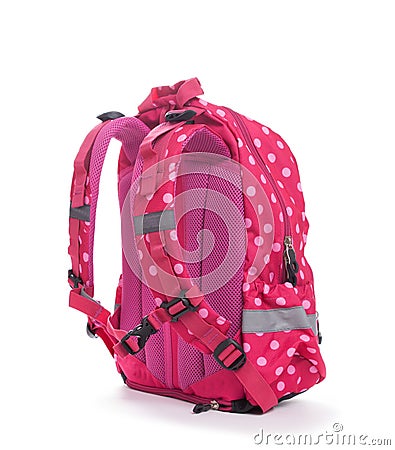Pink school backpack with white dots isolated on white Stock Photo