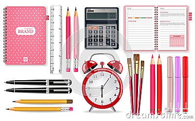 Pink school supplies Vector realistic. Alarm clock, calculator, notebook and pen tools. Detailed 3d illustrations Vector Illustration