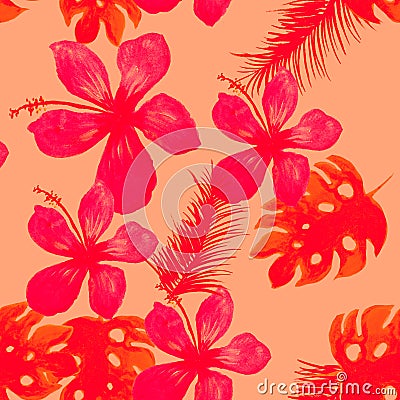 Pink Seamless Foliage. Ruby Pattern Illustration. Scarlet Tropical Plant. Coral Garden Texture. Monstera Leaves. Stock Photo