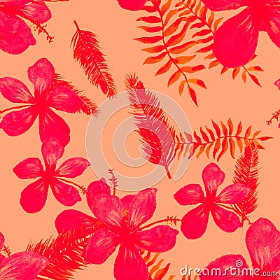 Pink Seamless Palm. Coral Pattern Background. Red Tropical Vintage. Ruby Flower Design. Scarlet Drawing Vintage. Stock Photo