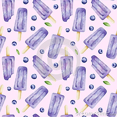 Pink seamless pattern with blueberry popsicles. Digital watercolor for fabric, print Stock Photo