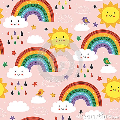 Pink seamless pattern with cute rainbow cloud bird and sun Vector Illustration