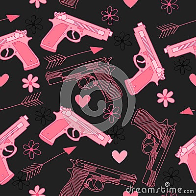 Pink seamless pattern with guns,love, arrow, hearts and flowers. Stock Photo