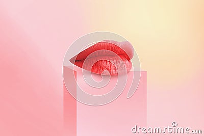 Pink Sexy Lip. Close-up Beautiful lips. A girl with beautiful plump lips, painted blue lipstic. 3d render Stock Photo