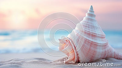 A pink shell on the beach at sunset, AI Stock Photo