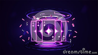 Pink shine neon casino playing cards with poker chips in hologram of digital rings in dark empty scene. Diamond Royal Flush Vector Illustration