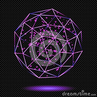 Pink shining Regular Polyhedron with Sparks on Transparent Background Vector Illustration