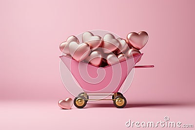 Pink shopping cart or wheelbarrow with shiny metallic hearts. Generative AI Stock Photo