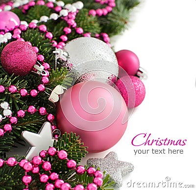 Pink and silver Christmas ornaments border Stock Photo