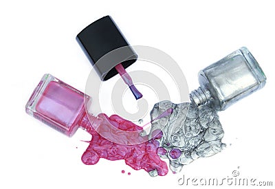 Pink and Silver Nail Polish on White Stock Photo