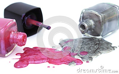 Pink and Silver Nail Polish on White Stock Photo