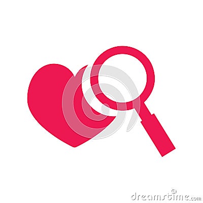 Pink simple icon of favorite website - heart and magnifier Vector Illustration