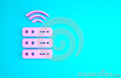 Pink Smart Server, Data, Web Hosting icon isolated on blue background. Internet of things concept with wireless Cartoon Illustration