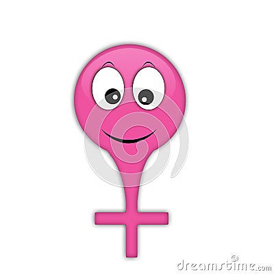 Pink smiley female symbol with a cross. Increased potency and erection. Girl`s health. Sexual medicine. Orgasm and ovulation. Stock Photo