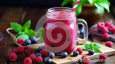 pink smoothie with wild cranberries in mason jar with mint and straw on rustic wooden background. Generative Ai Stock Photo