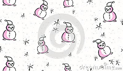 Pink snowman. Cozy background in a watercolor style with a New Year theme. Stock Photo