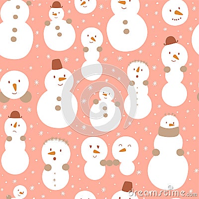 Pink Snowman. Cute pink Christmas snowman seamless patterm. Childish funny snowman with smiling faces. Happy New Year Vector Illustration