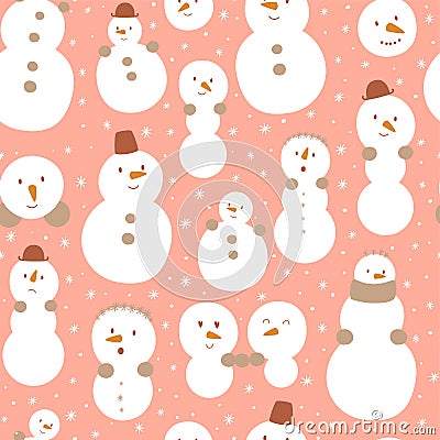 Pink Snowman. Cute pink Christmas snowman seamless patterm. Childish funny snowman with smiling faces. Happy New Year Cartoon Illustration