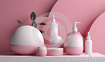 bottle pastel pink cosmetic flower layout product treatment care beauty background. Generative AI. Stock Photo