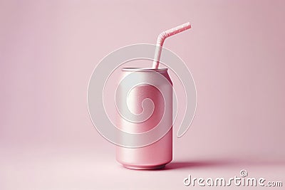 pink soda can with paper straw on solid pastel background. ai generative Stock Photo