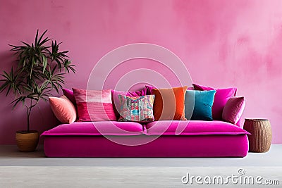 Pink sofa with colorful eclectic pillows near a textured wall. Modern interior for mockup, wall art. Promotion background with Stock Photo