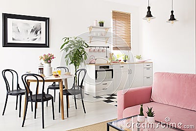 Pink sofa in white apartment interior with kitchenette and black chairs at dining table. Real photo Stock Photo