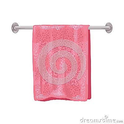 Pink soft terry towel hanging on metal holder attached to wall. Light red bathroom interior element. Vector Illustration