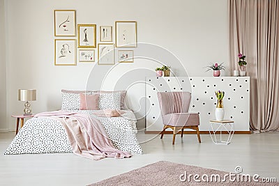 Pink spacious bedroom interior Stock Photo