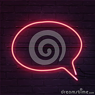Pink speech bubble neon sign. Vector realistic neon speech bubble on brick wall. Vector Illustration