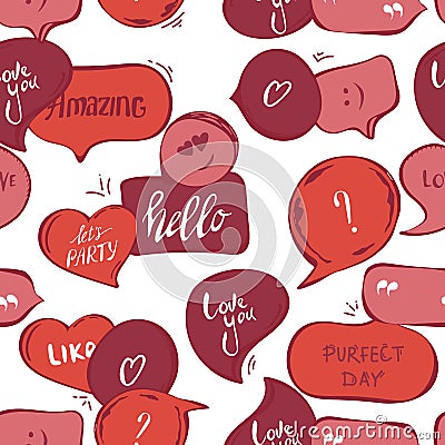 Pink speech bubbles seamless pattern. Vector background of red bubbles with word: hello , amazing, love you, perfect day Vector Illustration