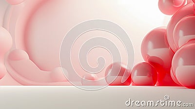 Pink spheres in a pink background, minimalist stage designs, white and red Stock Photo