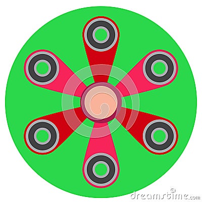 Pink spinner with six blades a flat style. Vector image on a round light green background. Element of design, interface Vector Illustration
