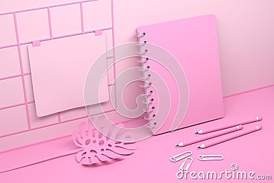 Pink spiral notebook and mostera plant Cartoon Illustration