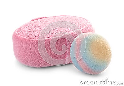 Pink sponge and bath bomb Stock Photo