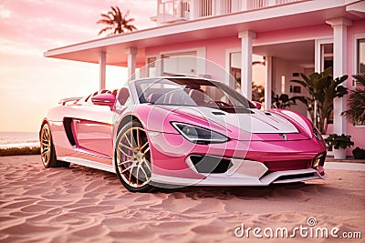 pink sportcar in action front of a luxury pink house. ai generative Stock Photo