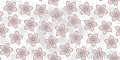 Spring seamless pattern with pink flowers on a white background with pale grey flowers and dots Vector Illustration