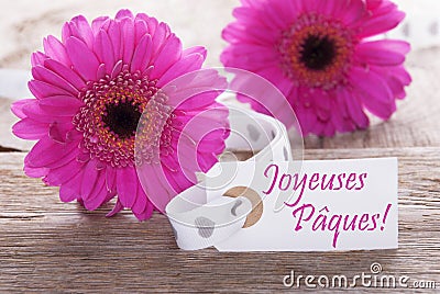 Pink Spring Gerbera, Label, Joyeuses Paques Means Happy Easter Stock Photo