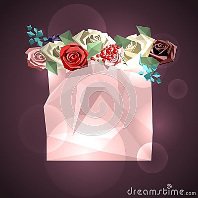 Pink squared backdrop for text and flower bouquet consisting of roses and decorative branches in low poly style. Vector Illustration