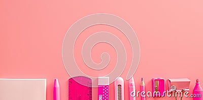 Pink stationery on pink background top view flat lay with copyspace Stock Photo