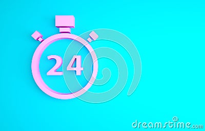 Pink Stopwatch 24 hours icon isolated on blue background. All day cyclic icon. 24 hours service symbol. Minimalism Cartoon Illustration