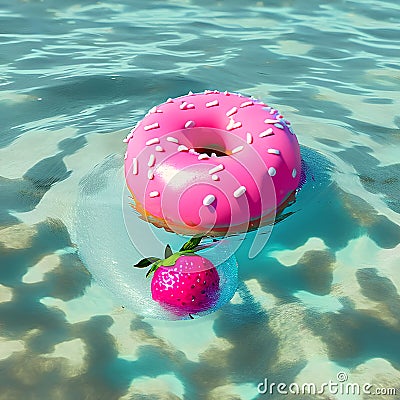 pink strawberry doughnut and strawberry are swimming on water.Generative ai Stock Photo