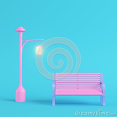 Pink street light with bench on bright blue background in pastel colors Stock Photo
