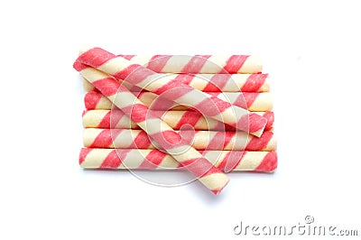 Pink stripe wafer rolls isolated on white background Stock Photo